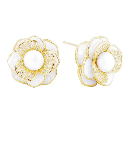 Gold Dipped CZ Stone Paved Peony Pearl Stud Earrings (2 Colors)