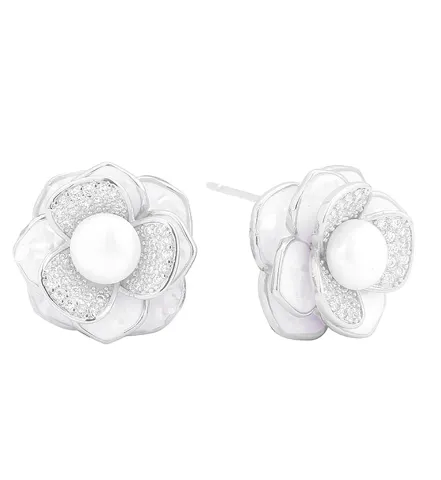 Gold Dipped CZ Stone Paved Peony Pearl Stud Earrings (2 Colors)