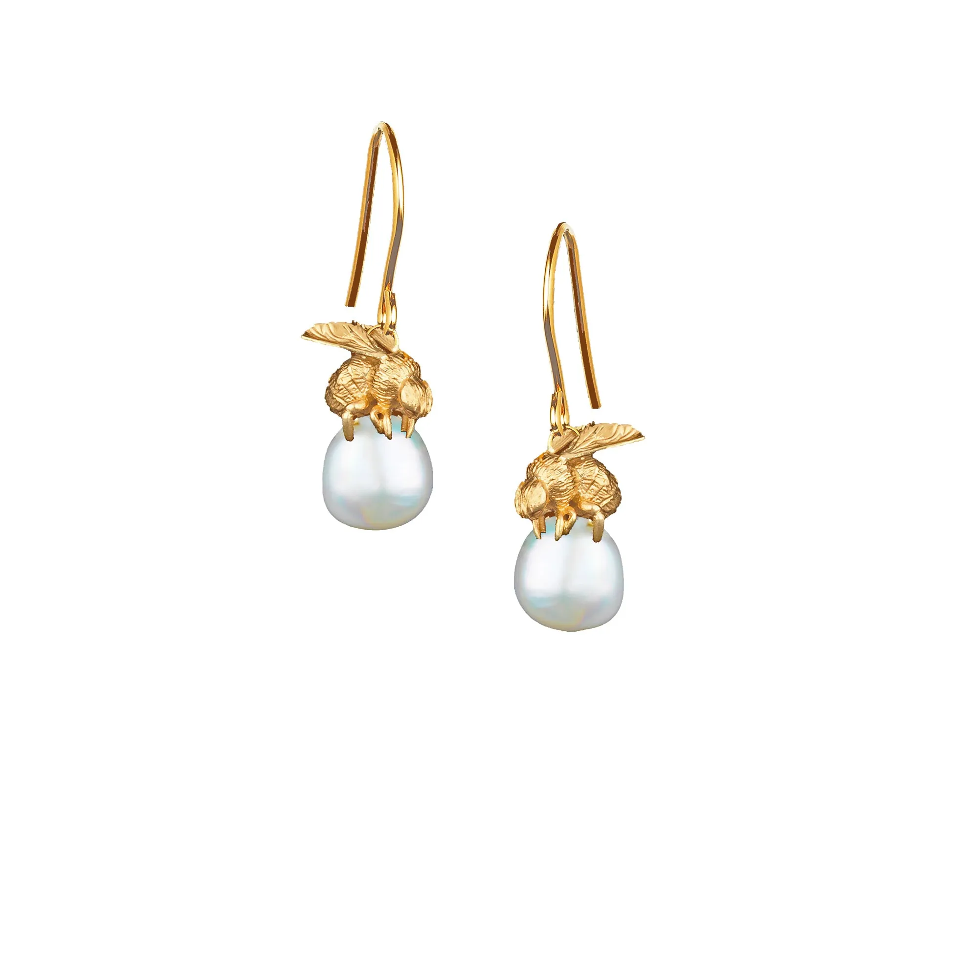 Elegant Gold Honeybee & Radiant Moonlight Pearl Earrings