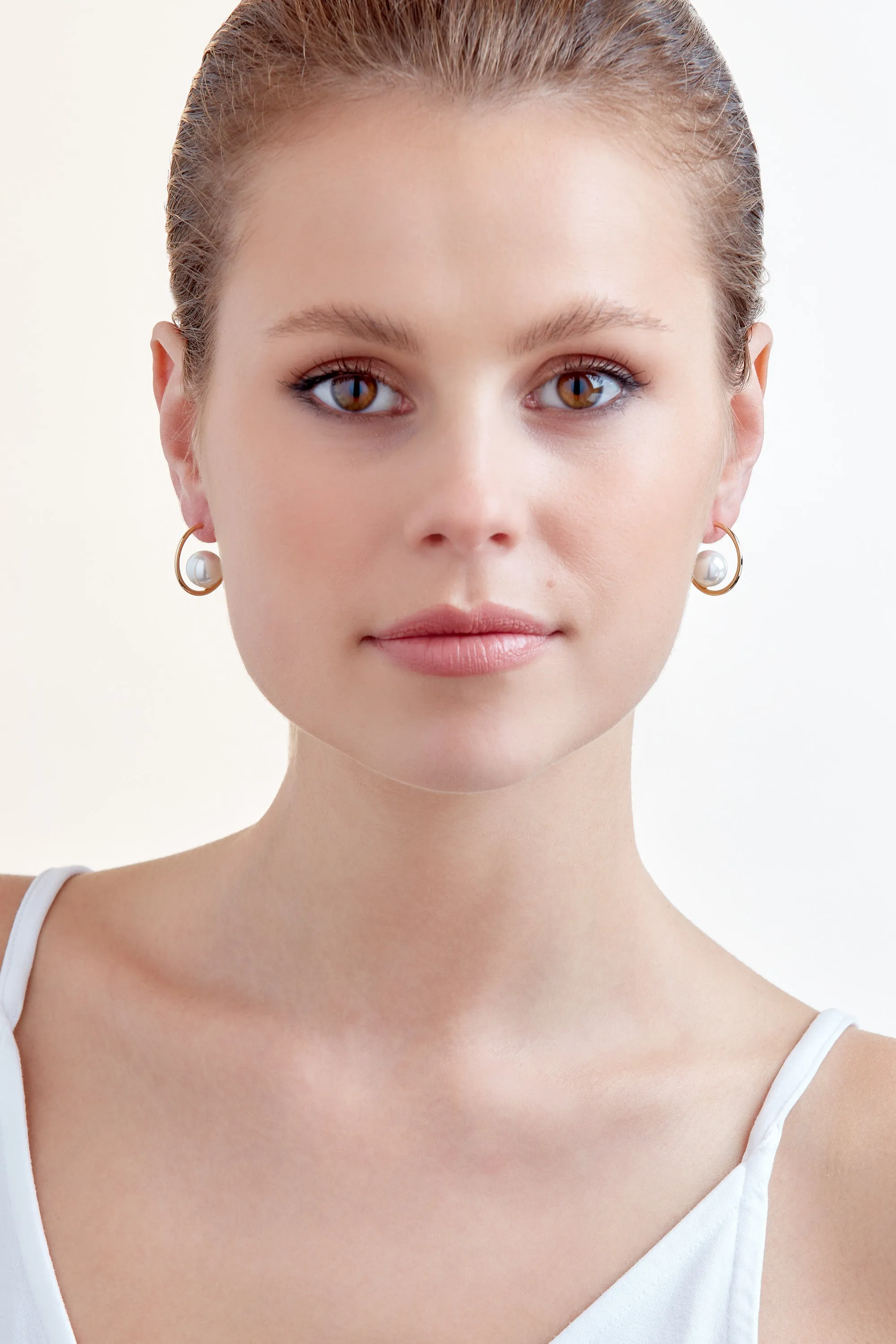 Gold Hoop with Floating Pearl Earrings