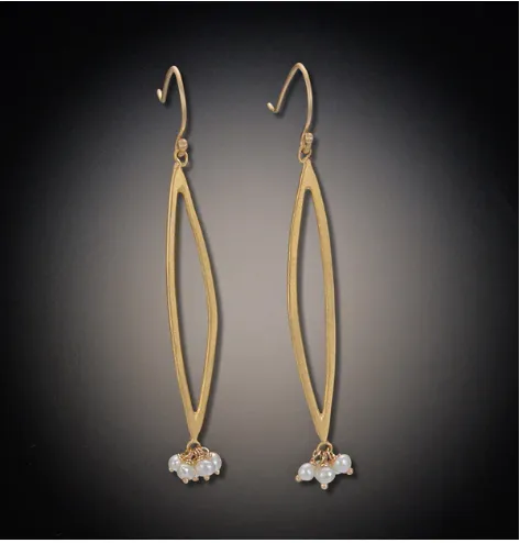 Gold Long Open Leaf Earrings with Pearl Clusters