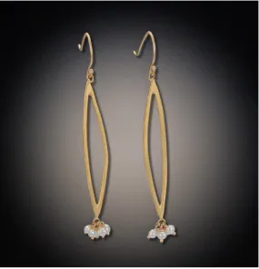 Gold Long Open Leaf Earrings with Pearl Clusters