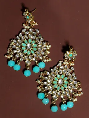 Gold Plated Blue Beads Kundan Dangler Earrings for Women