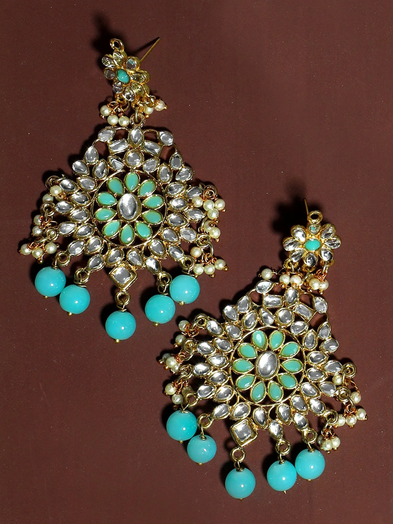 Gold Plated Blue Beads Kundan Dangler Earrings for Women