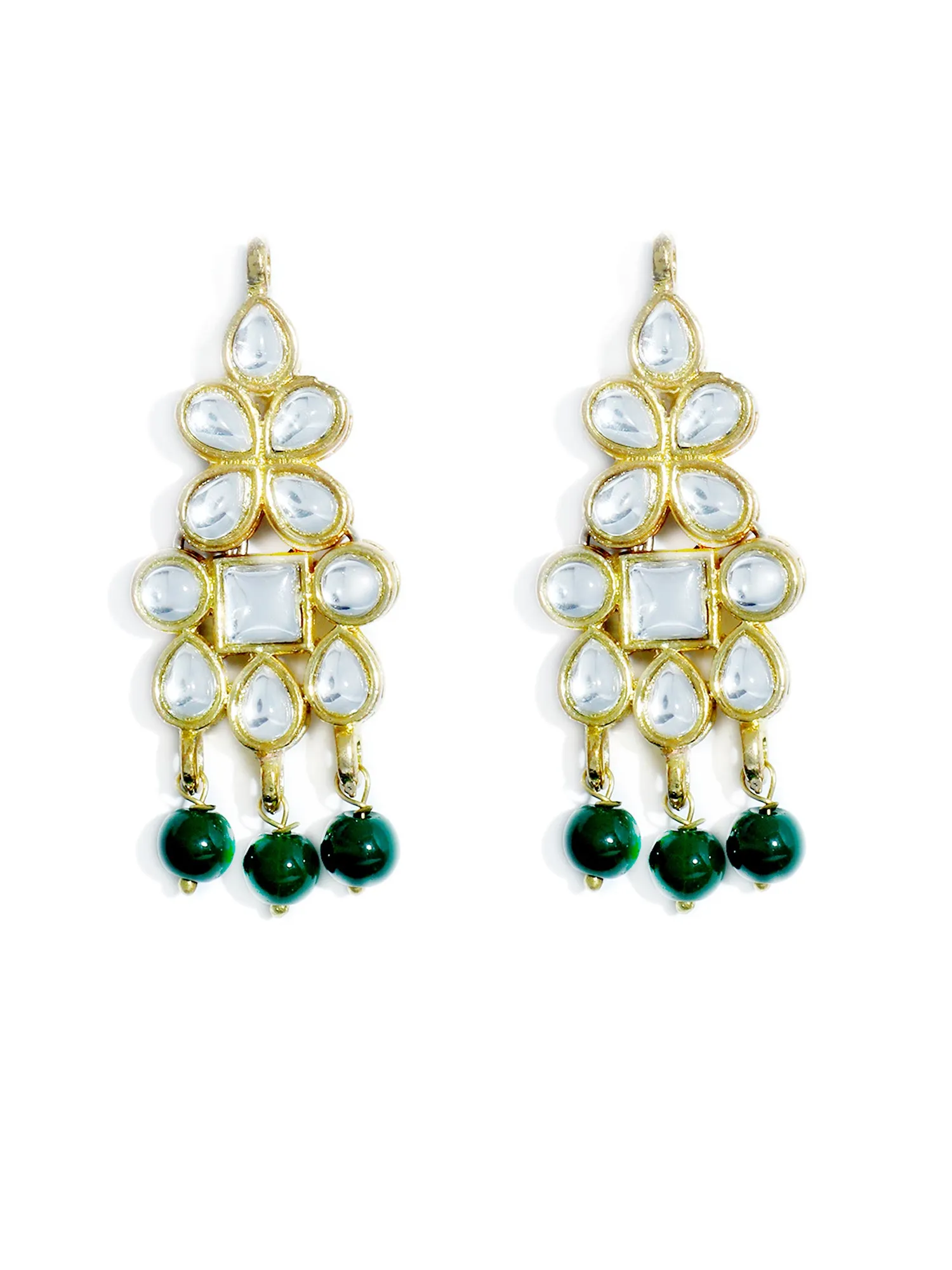 Gold Plated Green Beads Kundan Dangler Earrings with Maangtikka for Women