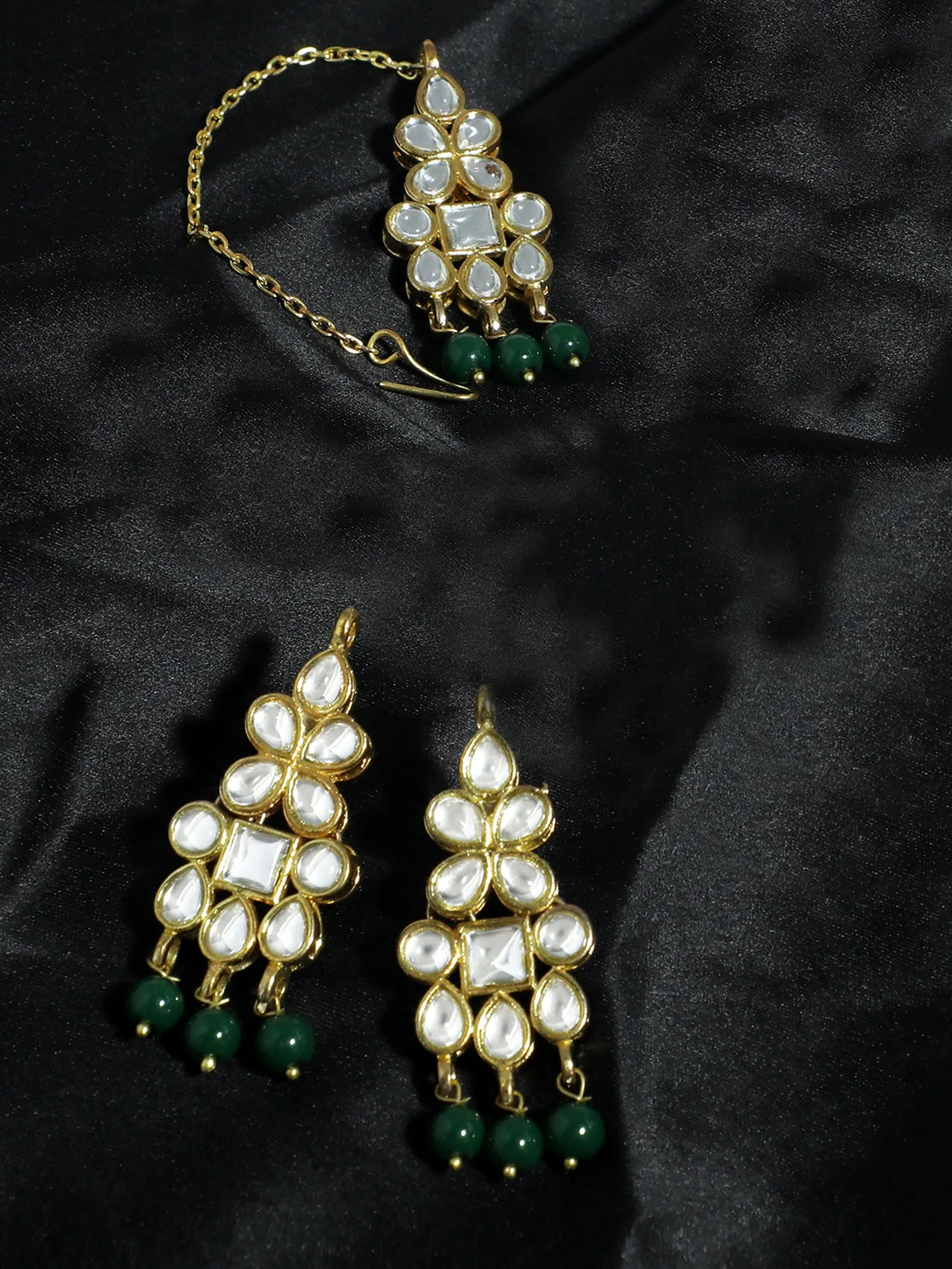 Gold Plated Green Beads Kundan Dangler Earrings with Maangtikka for Women