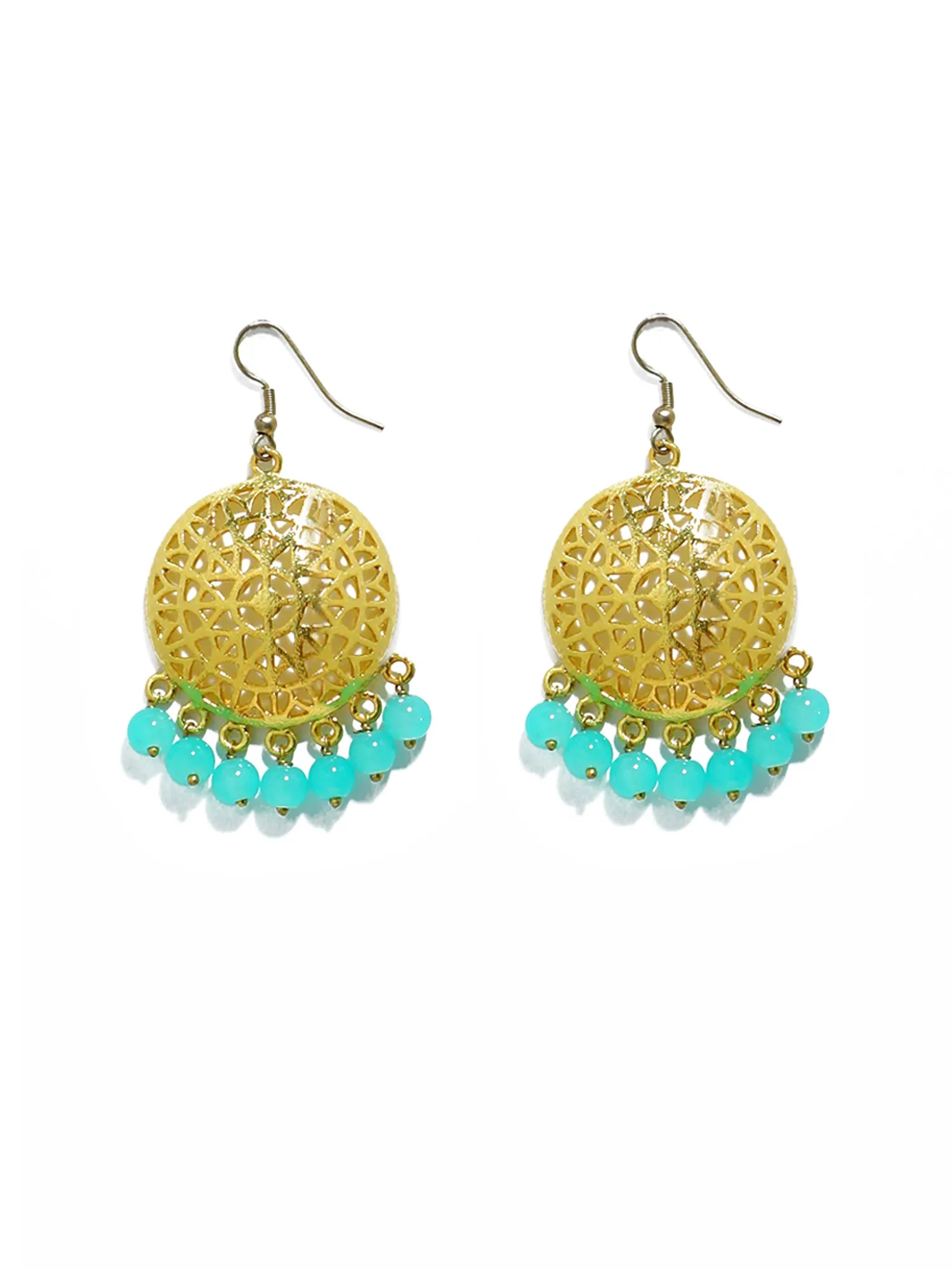 Gold Plated Mint Blue Beads Kundan Dangler Earrings for Women