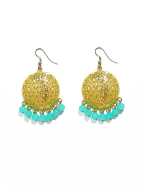 Gold Plated Mint Blue Beads Kundan Dangler Earrings for Women