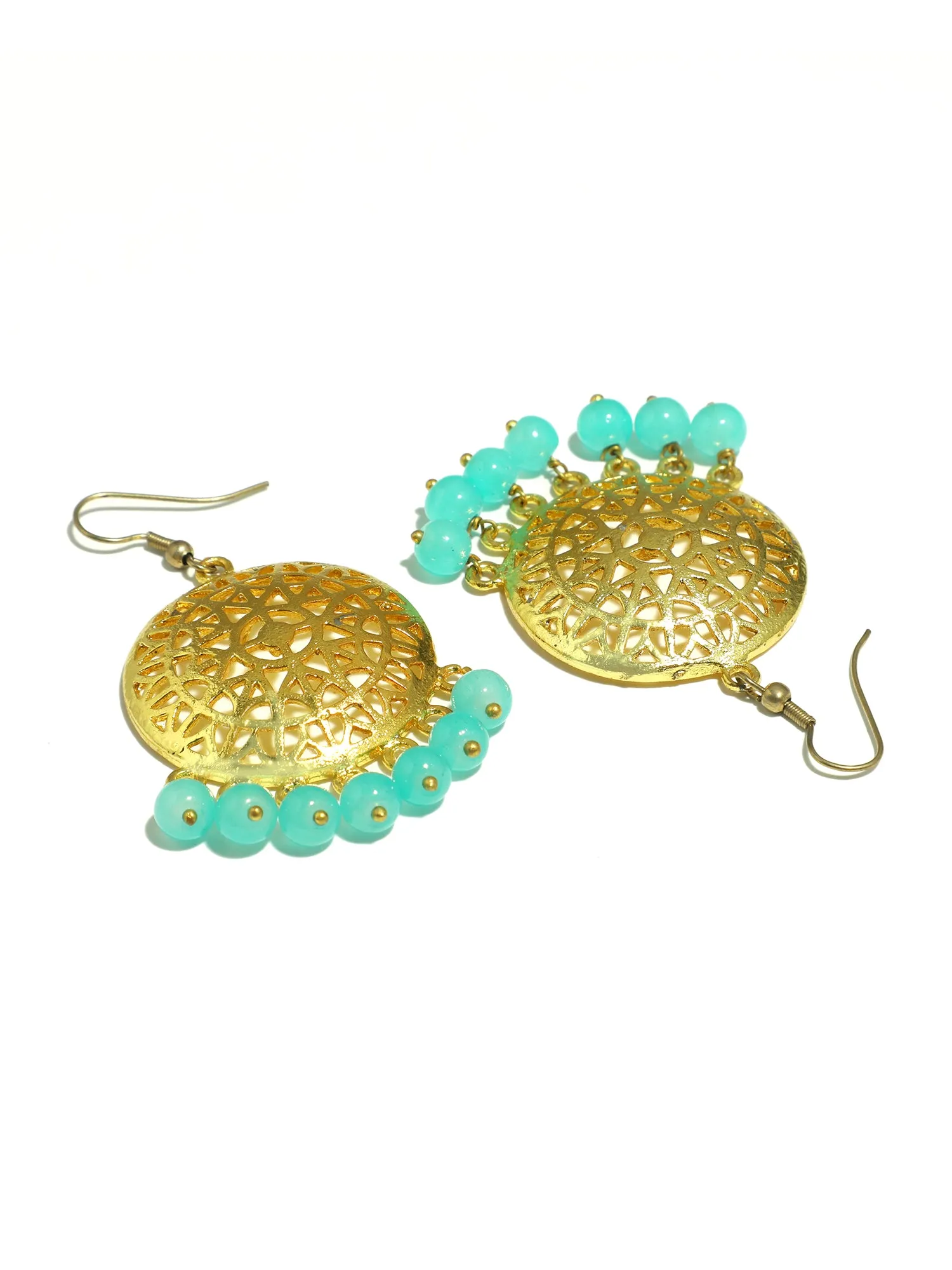 Gold Plated Mint Blue Beads Kundan Dangler Earrings with Maangtikka for Women