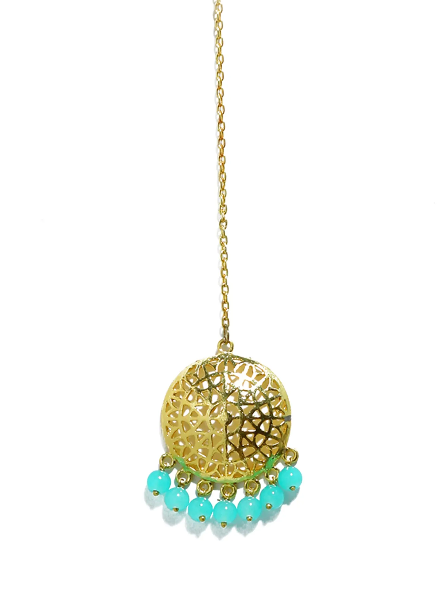 Gold Plated Mint Blue Beads Kundan Dangler Earrings with Maangtikka for Women