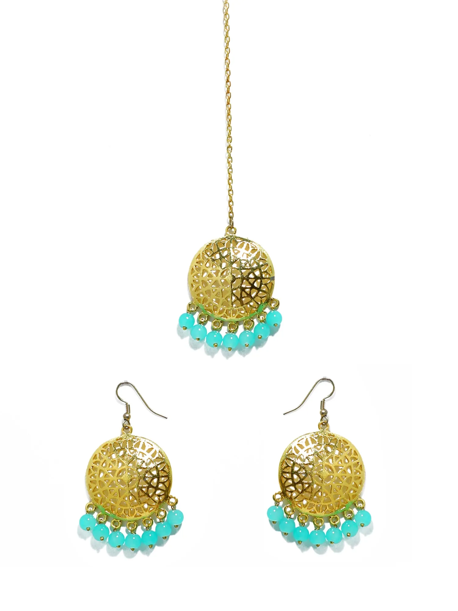 Gold Plated Mint Blue Beads Kundan Dangler Earrings with Maangtikka for Women