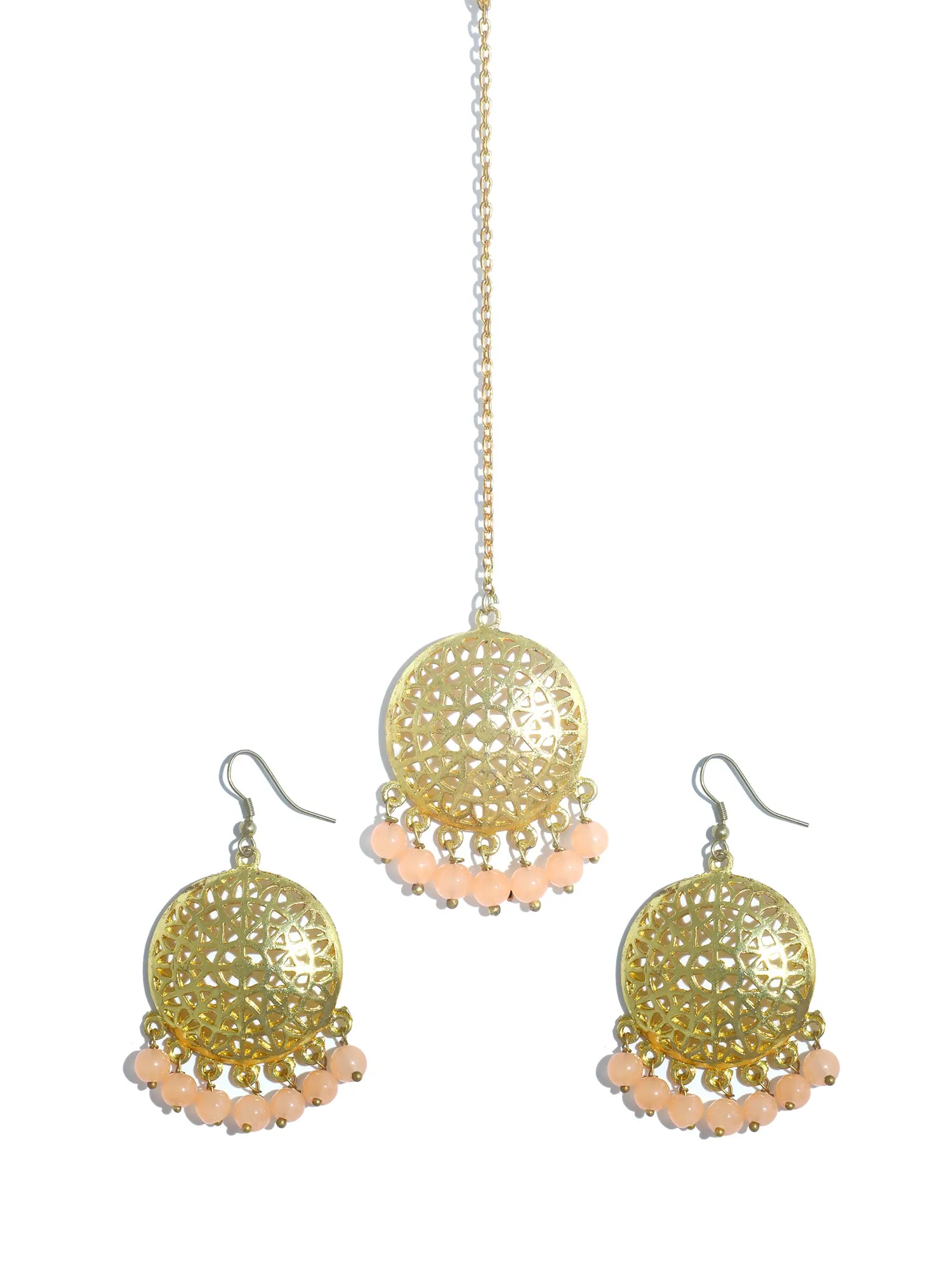 Gold Plated Peach Beads Kundan Dangler Earrings with Maangtikka for Women