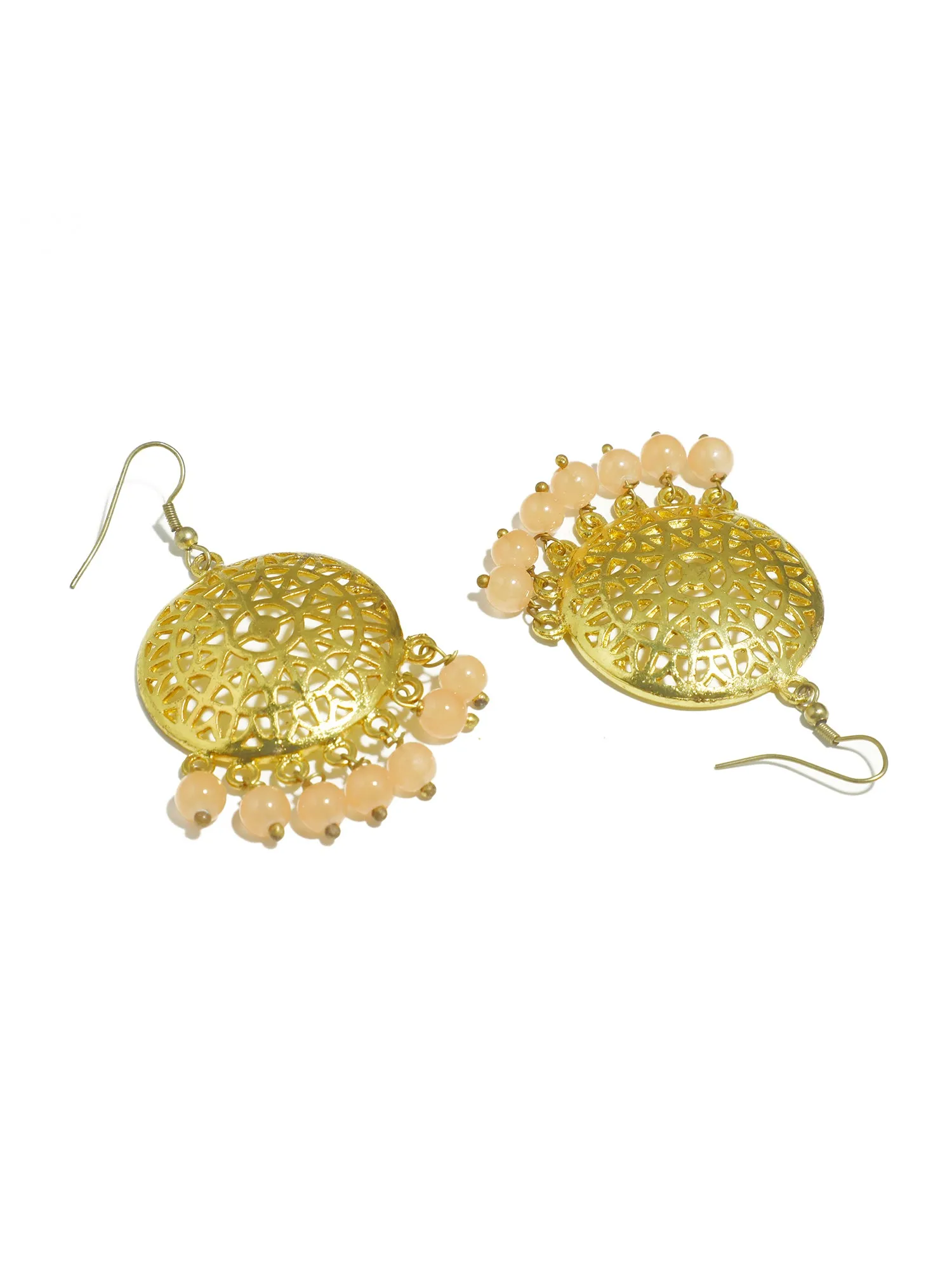 Gold Plated Peach Beads Kundan Dangler Earrings with Maangtikka for Women