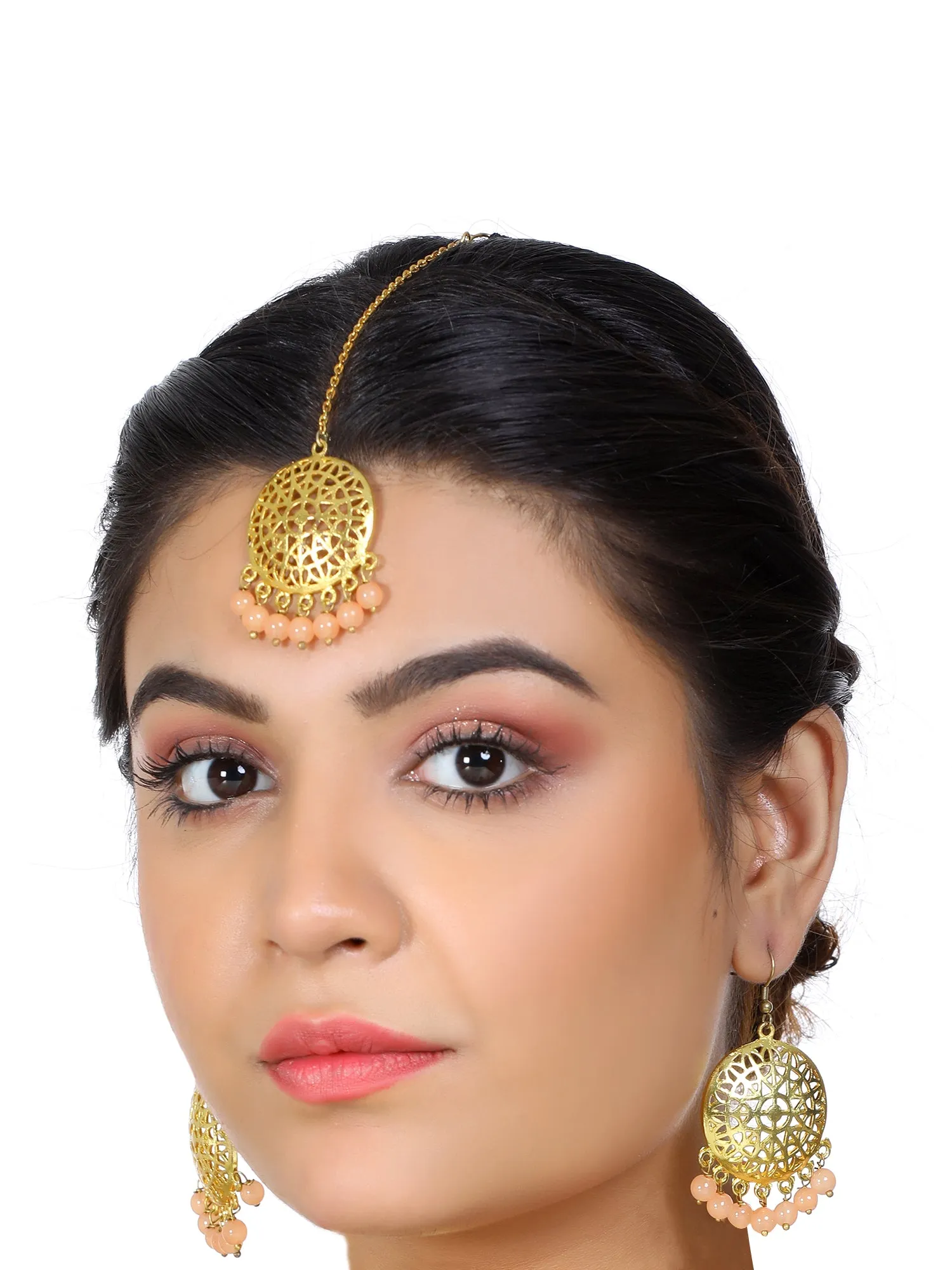 Gold Plated Peach Beads Kundan Dangler Earrings with Maangtikka for Women