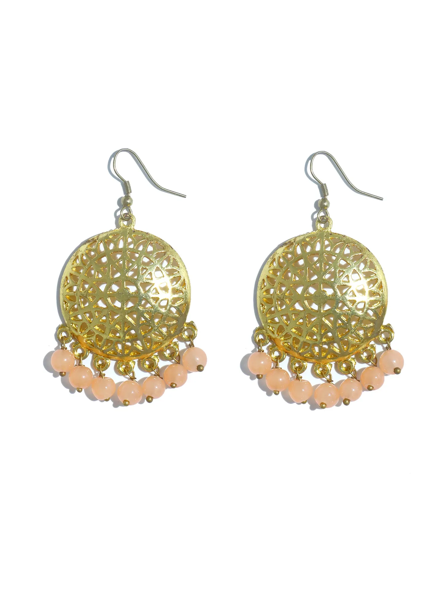 Gold Plated Peach Beads Kundan Dangler Earrings with Maangtikka for Women