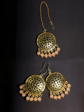 Gold Plated Peach Beads Kundan Dangler Earrings with Maangtikka for Women