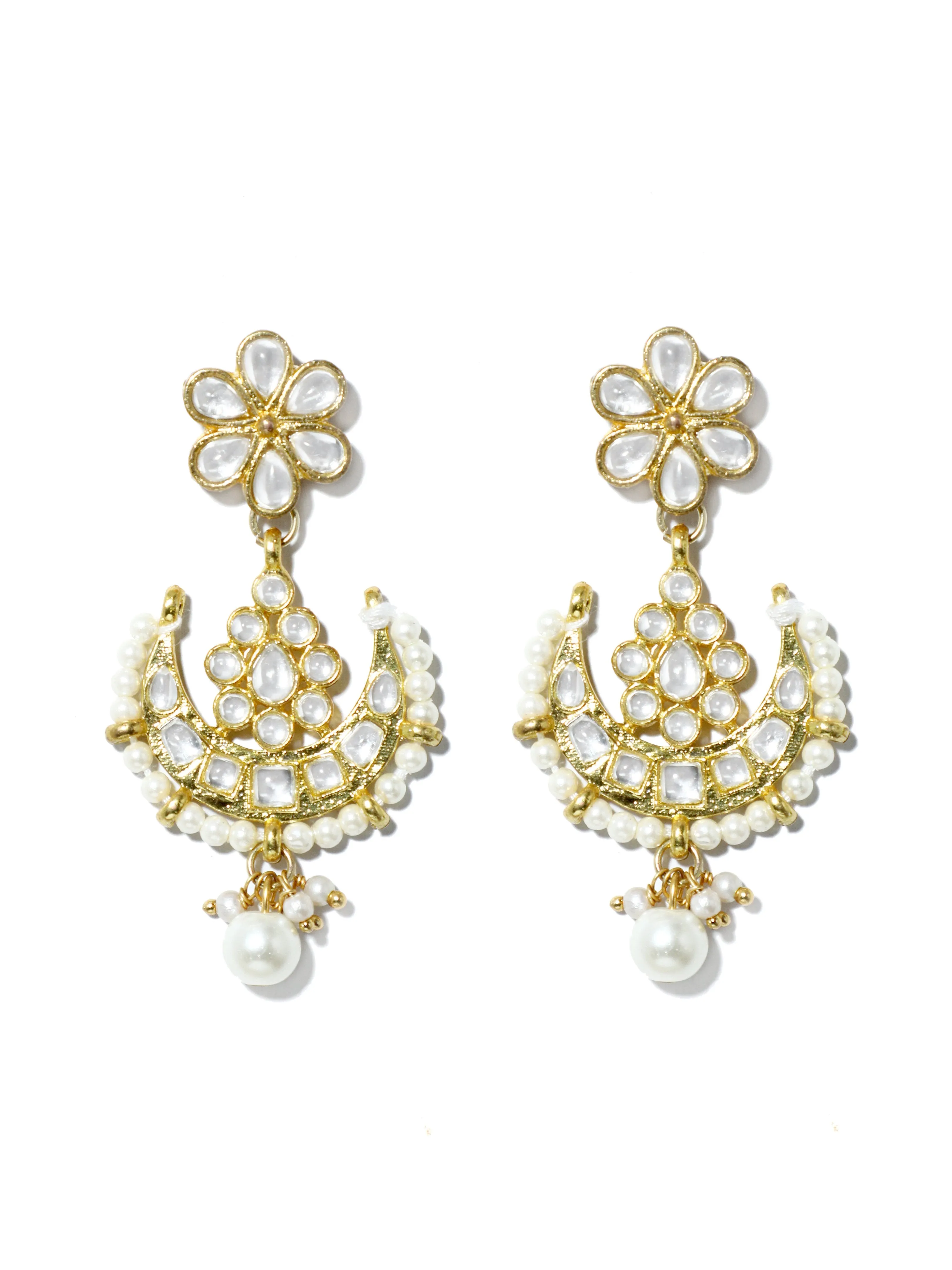 Gold Plated Pearl Bead Kundan Dangler Earrings