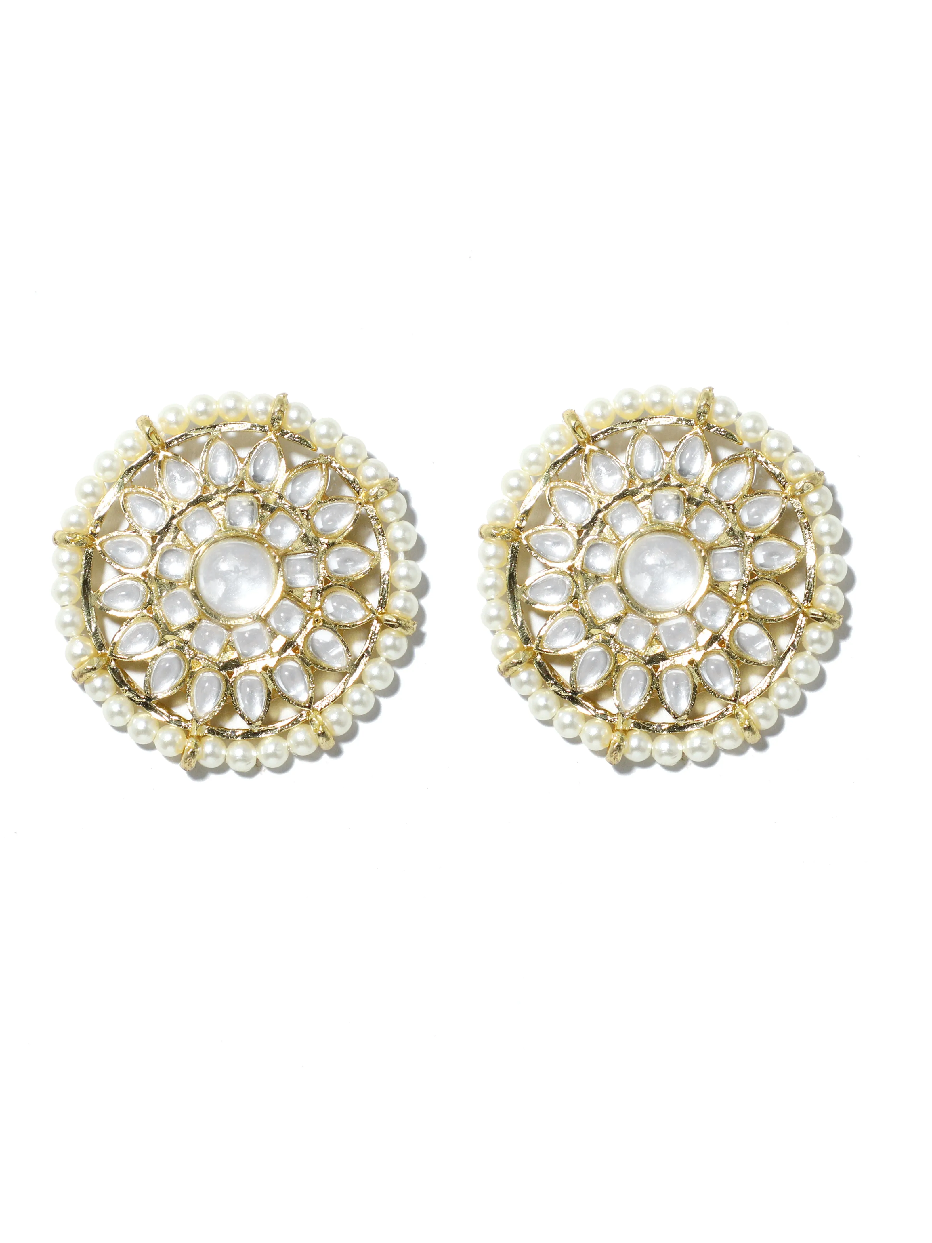 Gold Plated Pearl Beads Kundan Stud Earrings with Maangtikka