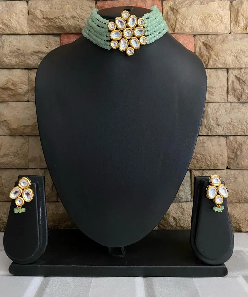 Gold Toned Kundan Mint Green Beaded Choker Necklace Set