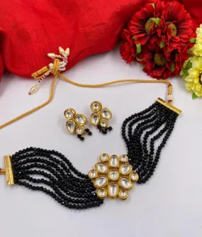 Gold Toned Studded Kundan Black Beads Choker Necklace Set By Gehna Shop