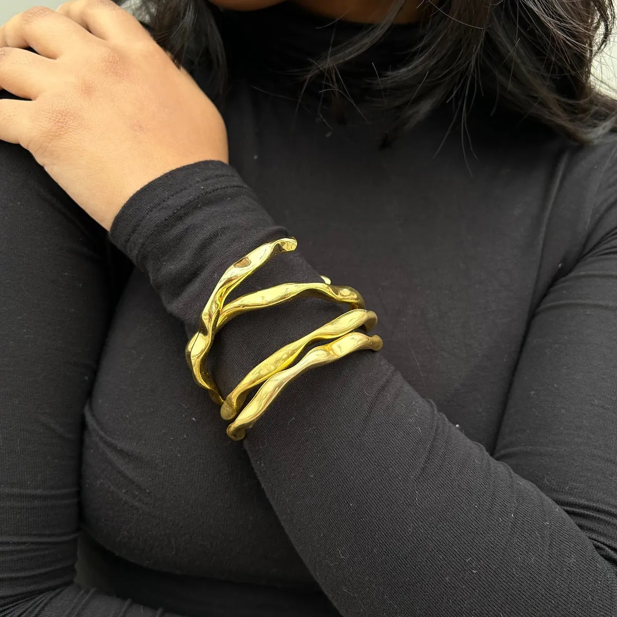 Gold Wave Set of Hoop Earrings and Stacking Bangles