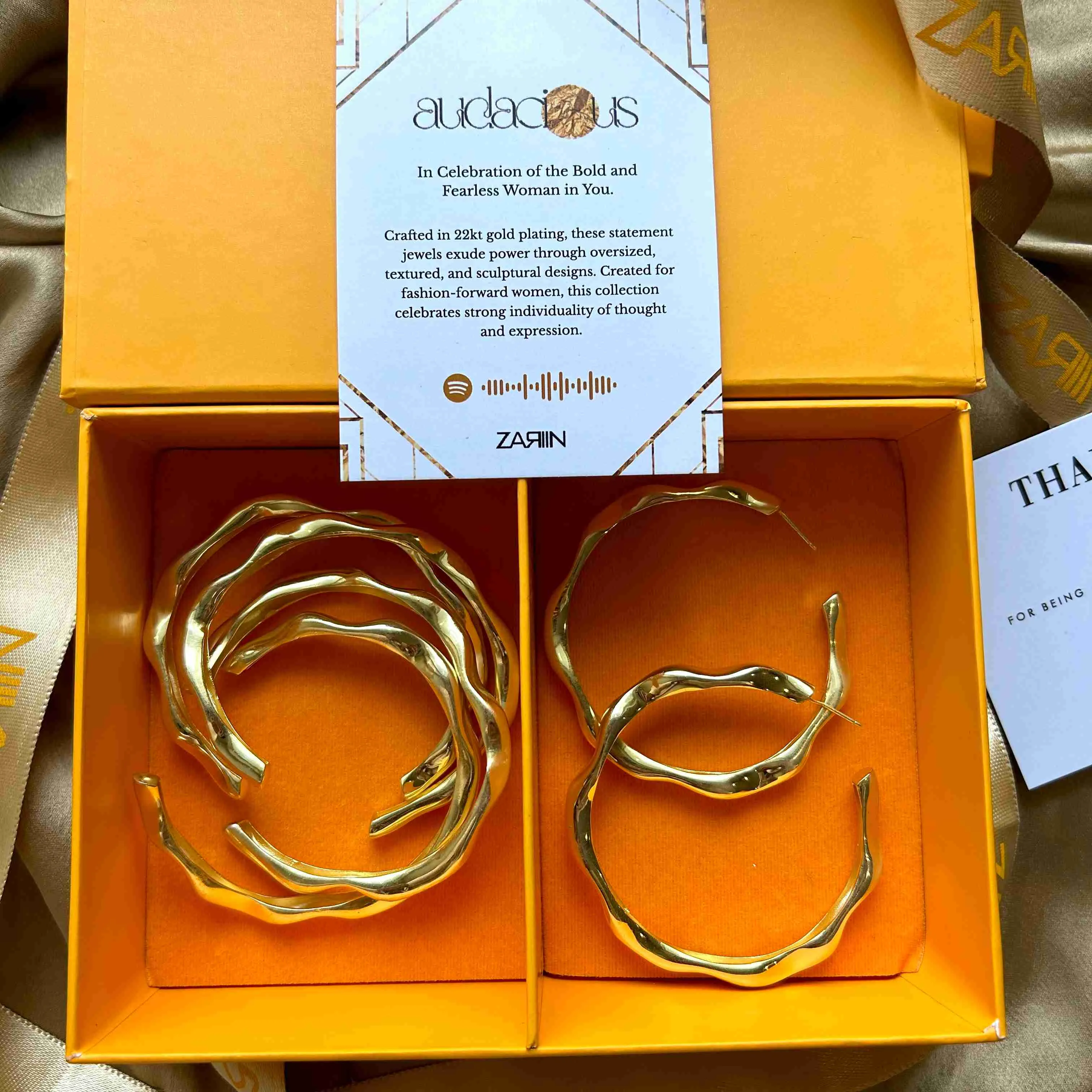 Gold Wave Set of Hoop Earrings and Stacking Bangles