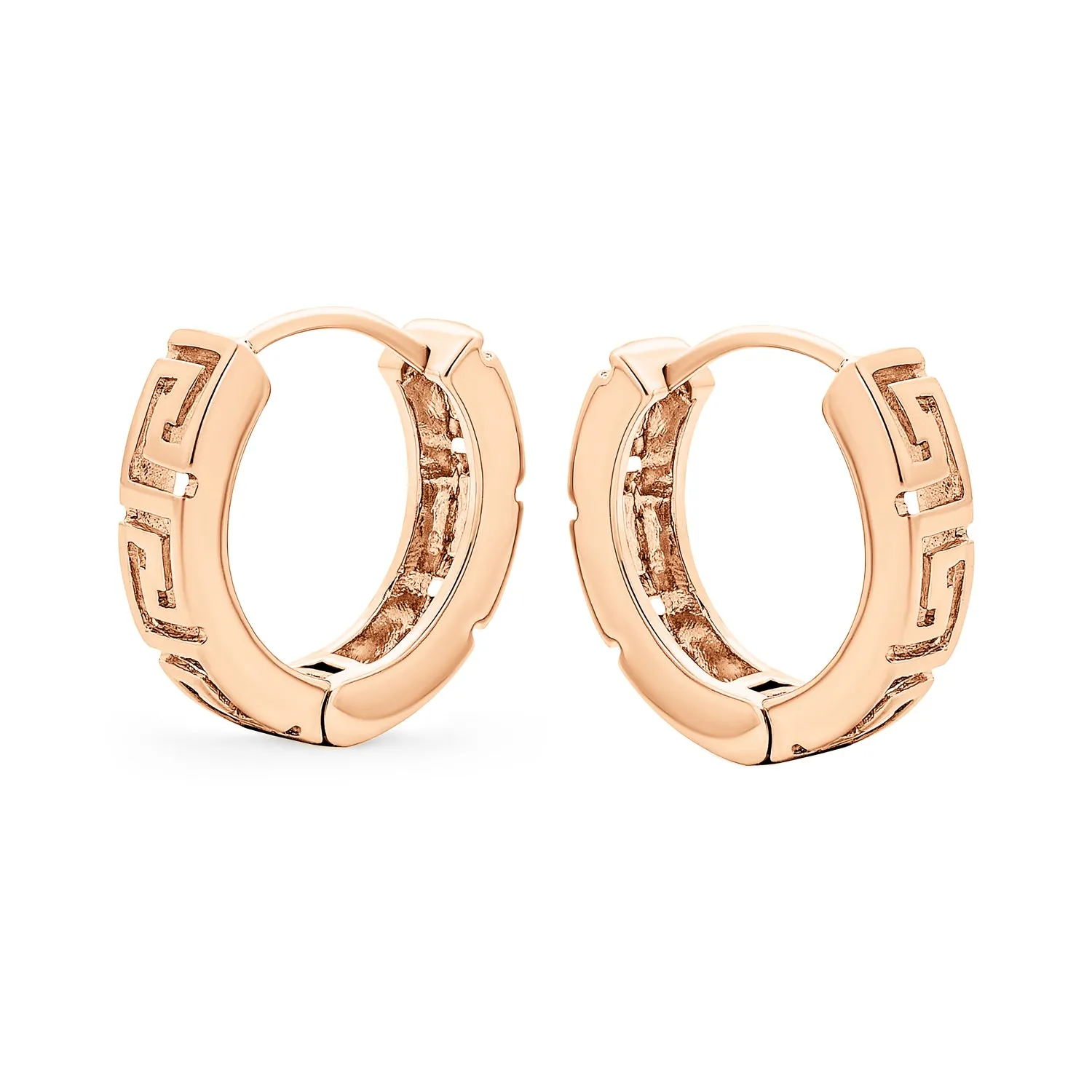 Greek Key Design 2 Tone Twist Huggie Hoop Earrings Gold Plated Sterling Silver