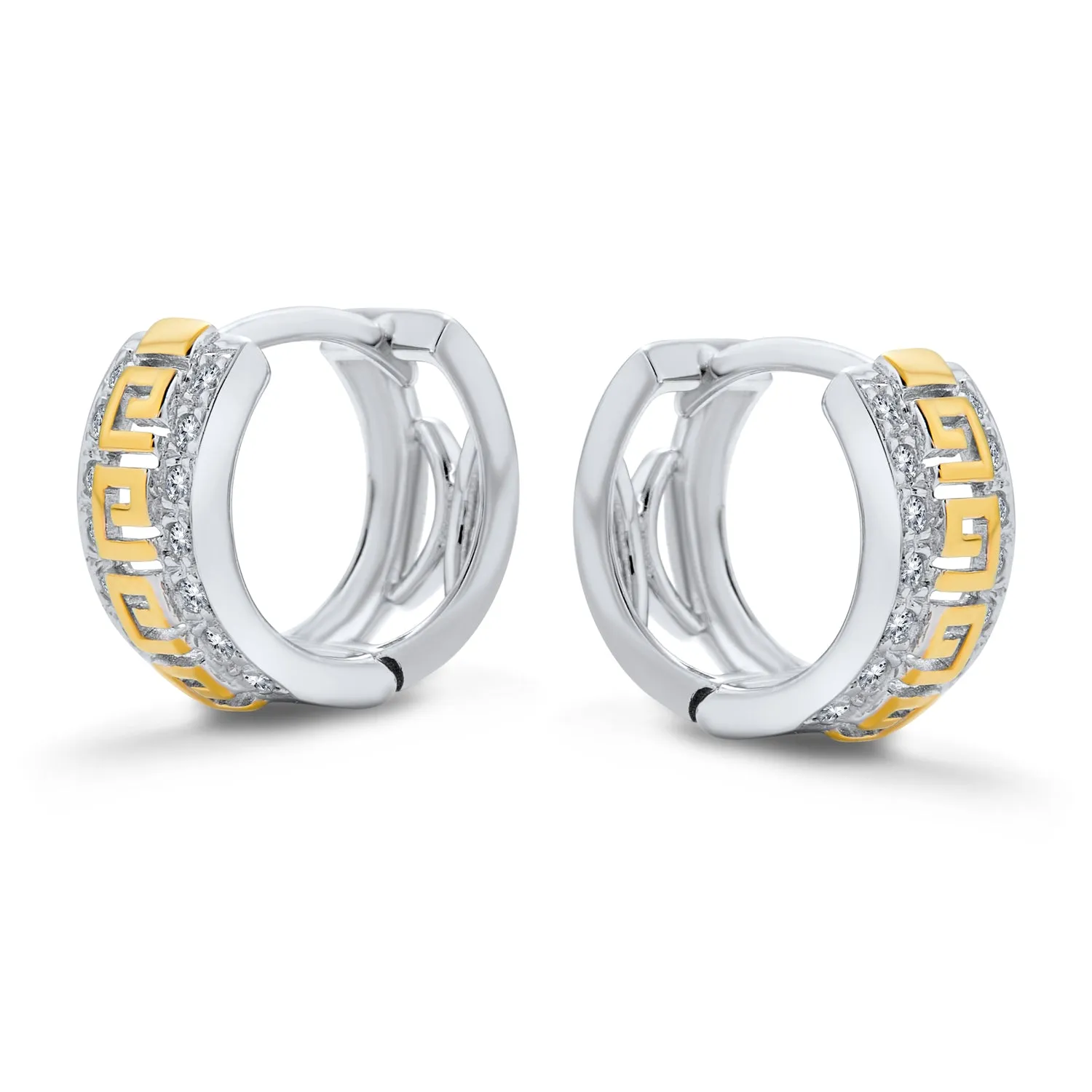 Greek Key Hoop Earrings CZ Gold Plated .925 Sterling Silver