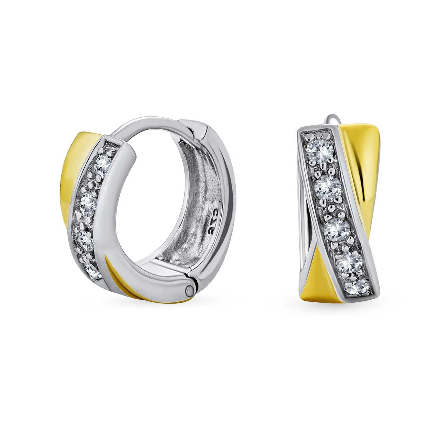 Greek Key Hoop Earrings CZ Gold Plated .925 Sterling Silver