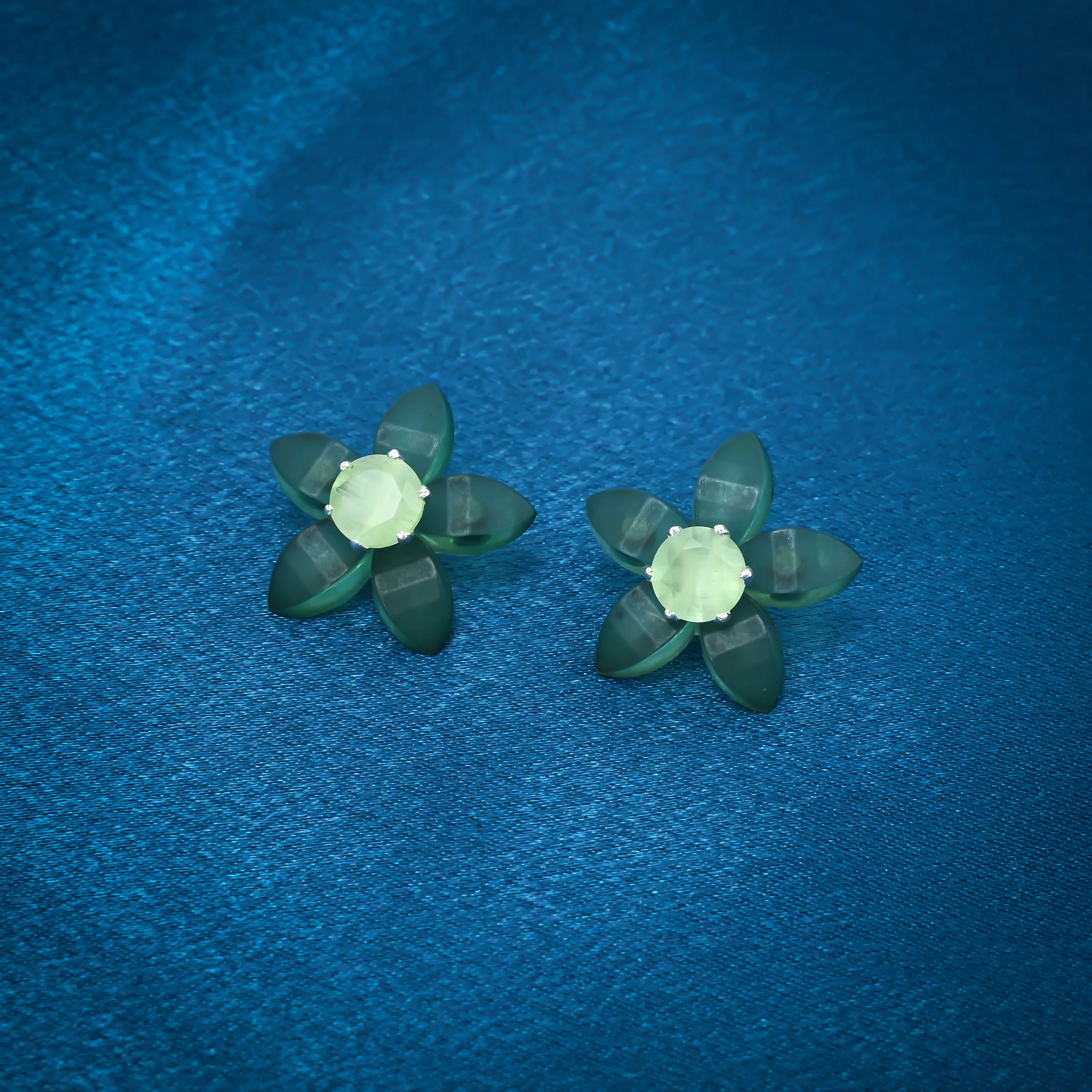 Green Flower Design Stud Silver Earrings