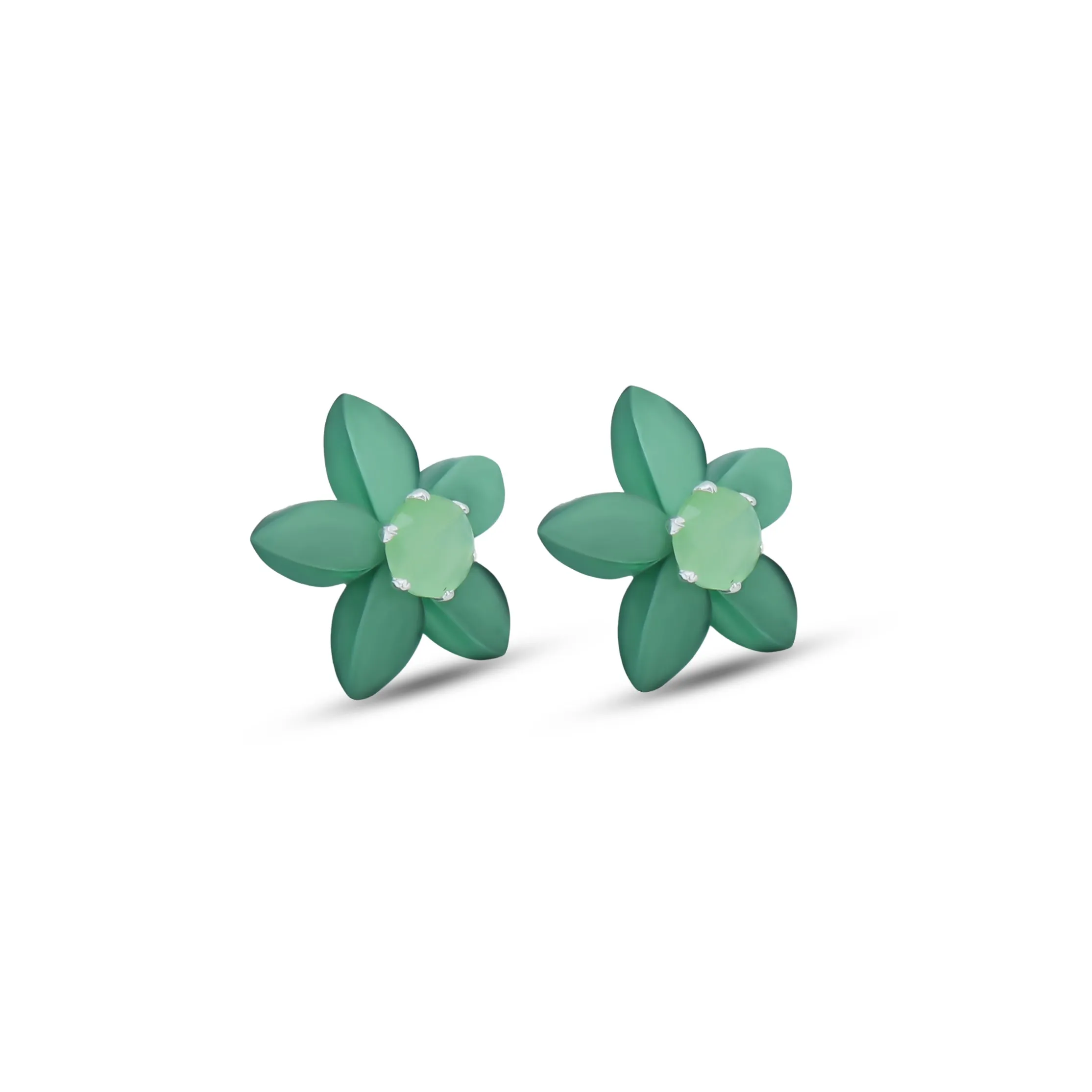 Green Flower Design Stud Silver Earrings