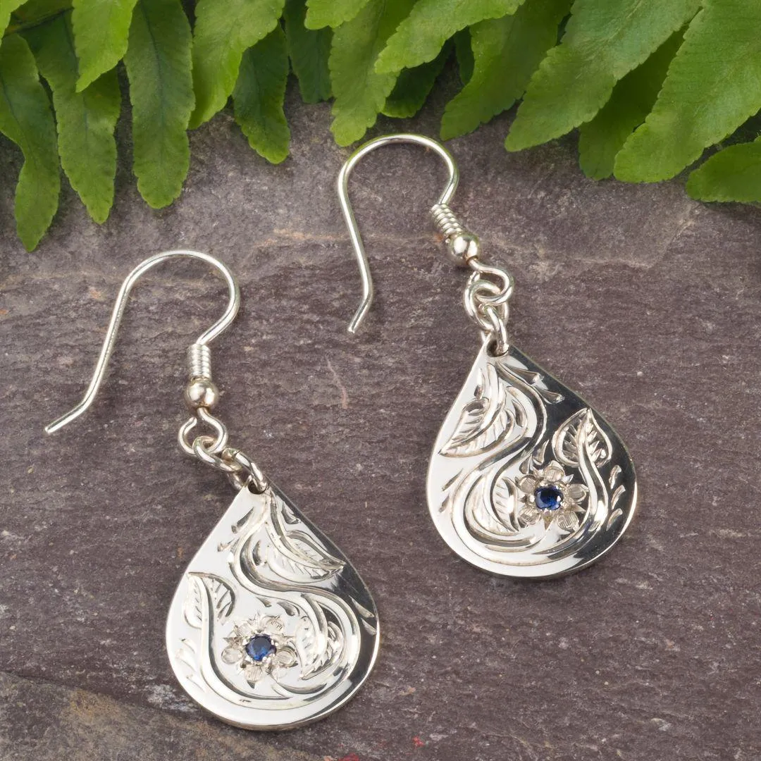 Handmade Sterling Silver Birthstone Engraved Teardrop Earrings