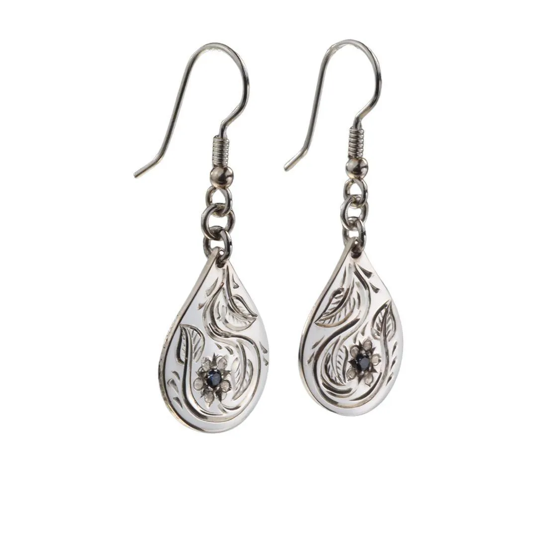 Handmade Sterling Silver Birthstone Engraved Teardrop Earrings