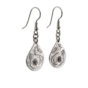 Handmade Sterling Silver Birthstone Engraved Teardrop Earrings