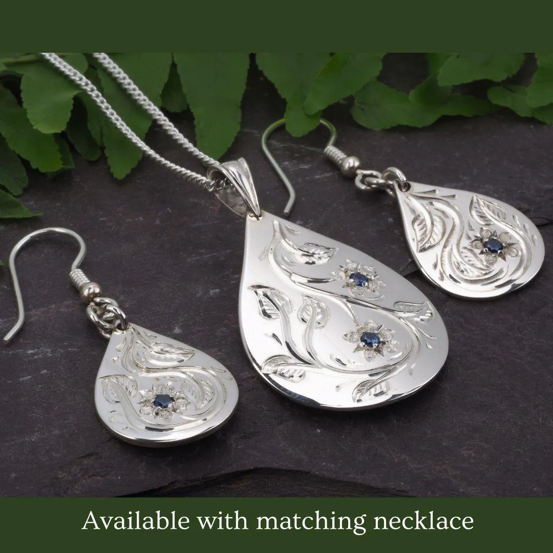 Handmade Sterling Silver Birthstone Engraved Teardrop Earrings