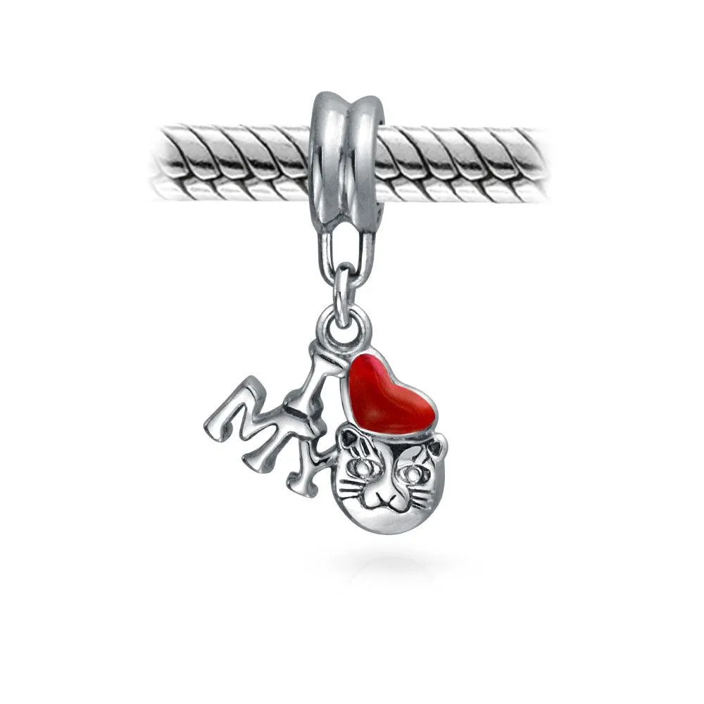 Heart Kitten Pet Words I Love My Cat Charm Bead .925Sterling Silver