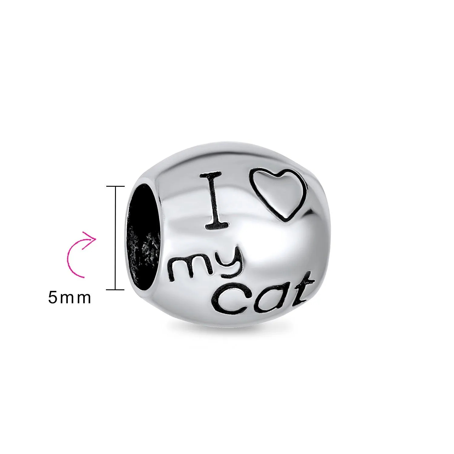 Heart Kitten Pet Words I Love My Cat Charm Bead .925Sterling Silver