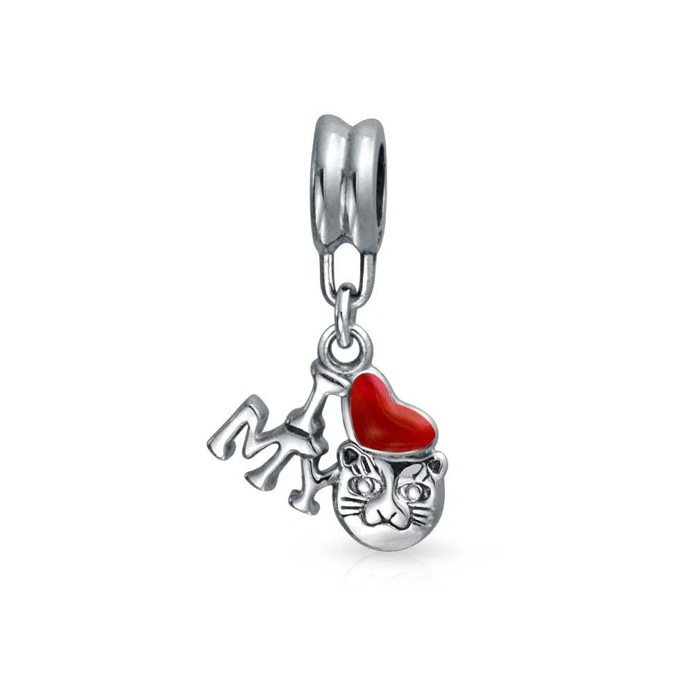 Heart Kitten Pet Words I Love My Cat Charm Bead .925Sterling Silver