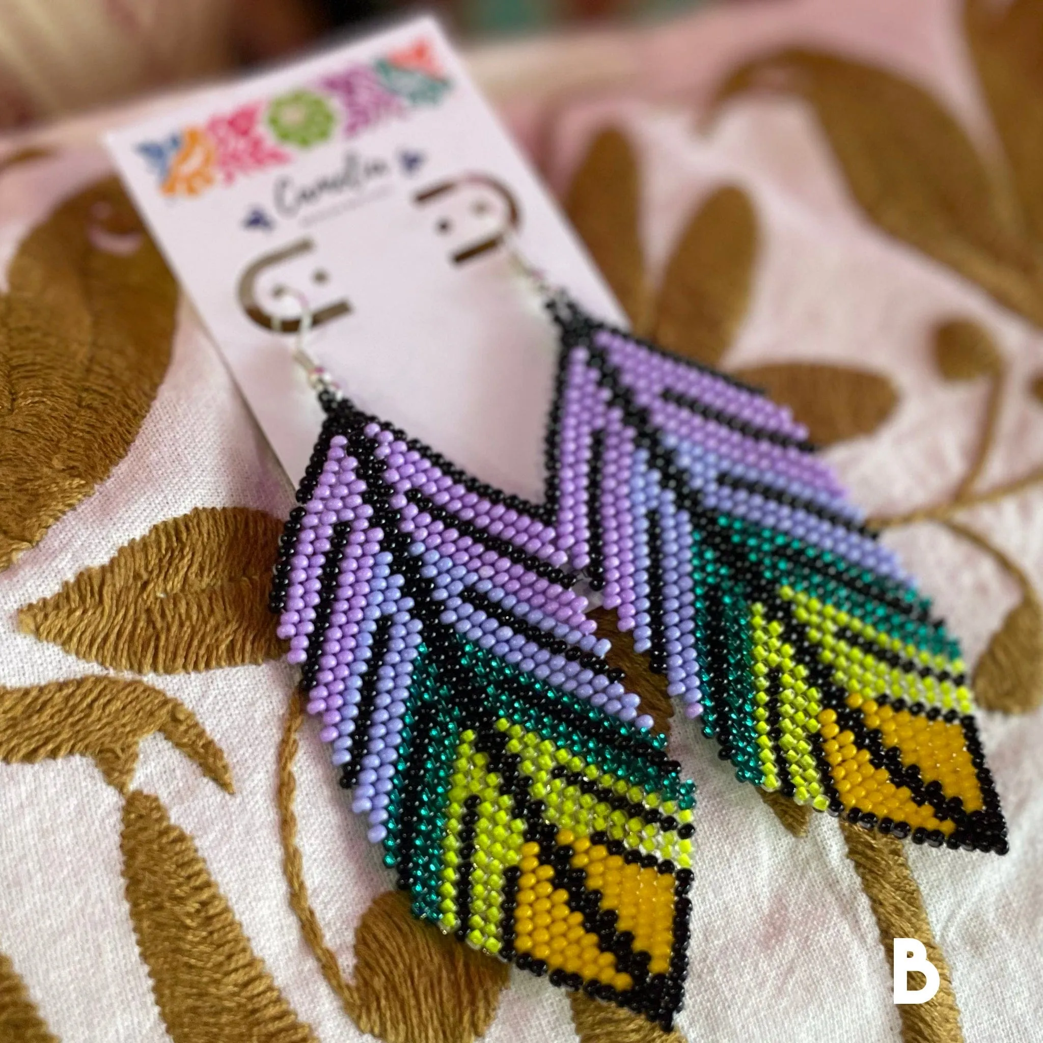 Huichol Native American Beaded  Earrings - Large Feathers