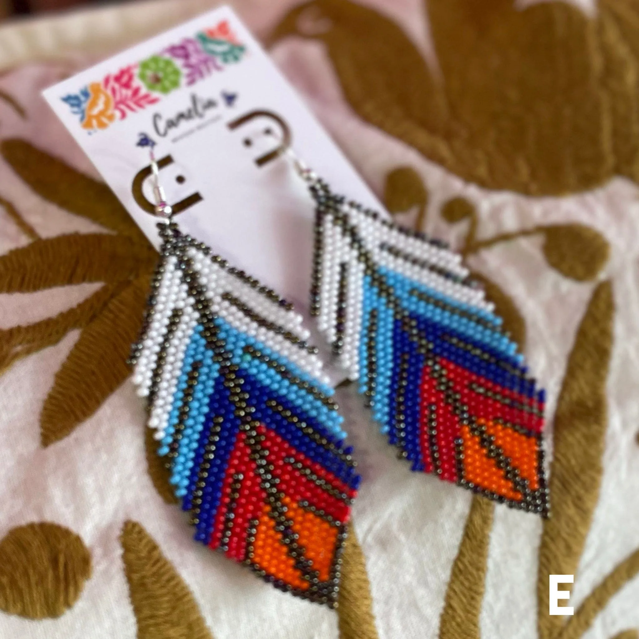 Huichol Native American Beaded  Earrings - Large Feathers