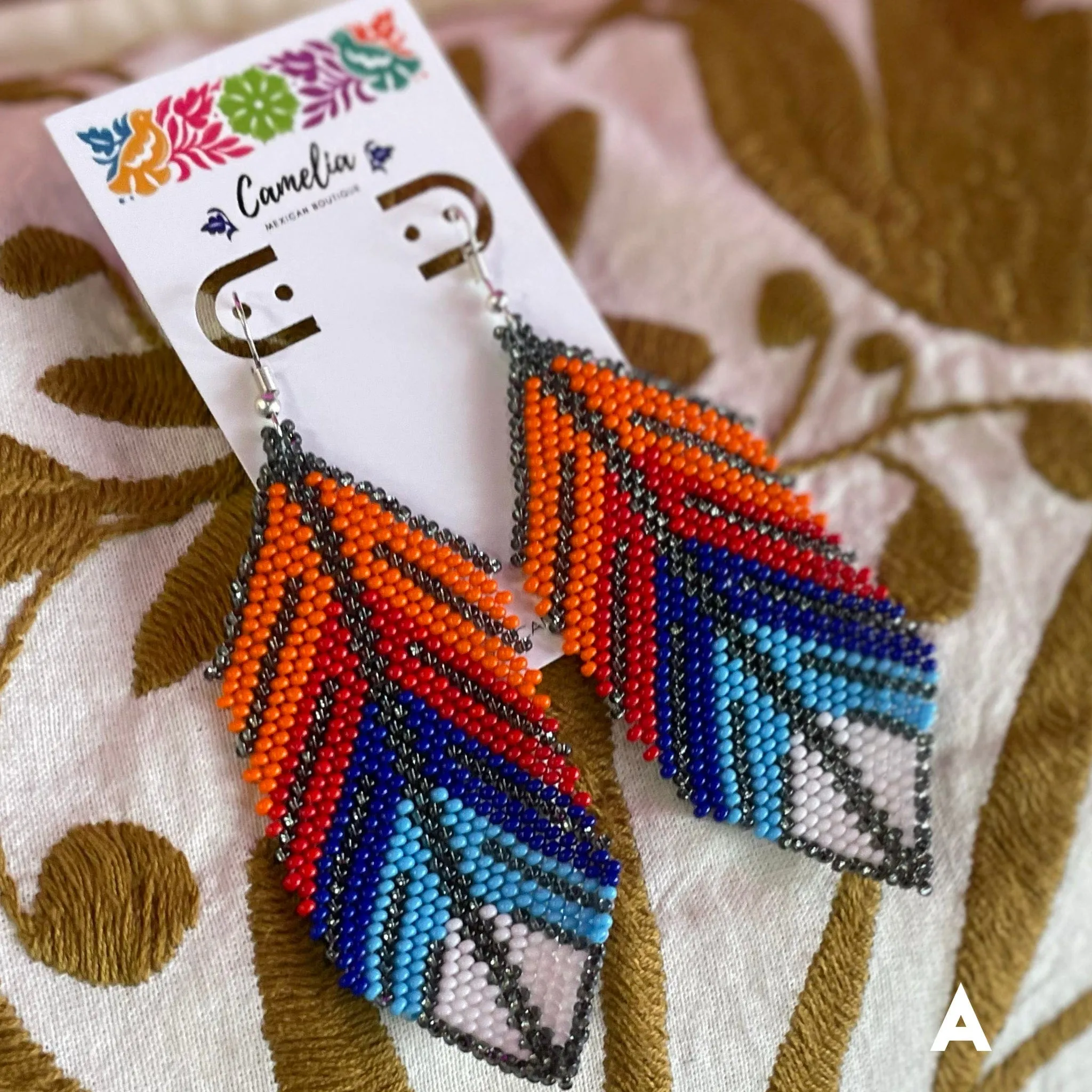 Huichol Native American Beaded  Earrings - Large Feathers