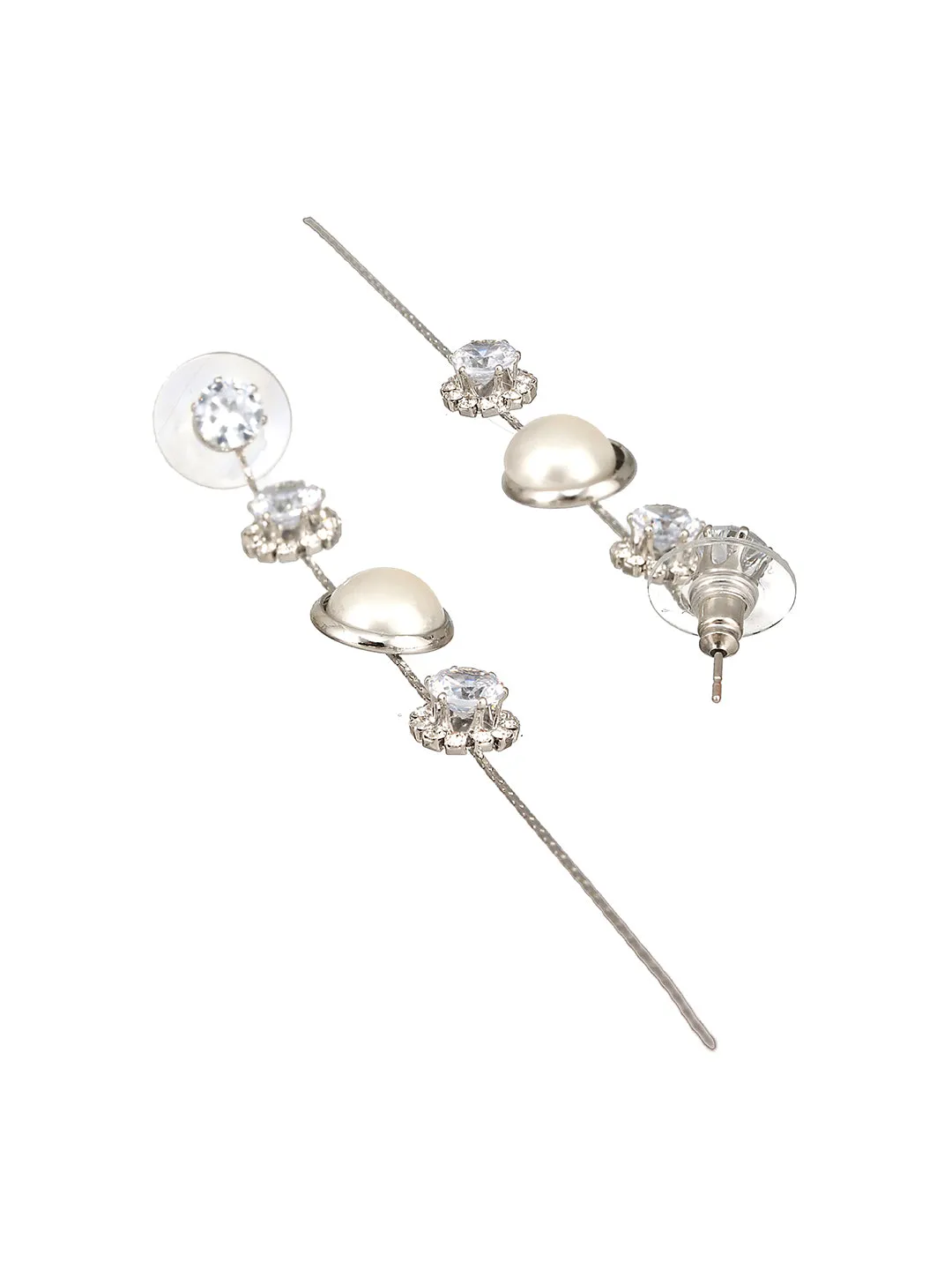 JAZZ AND SIZZLE Silver-Toned Rhodium-Plated CZ Stone-Studded &amp; Pearl Contemporary Drop Earrings