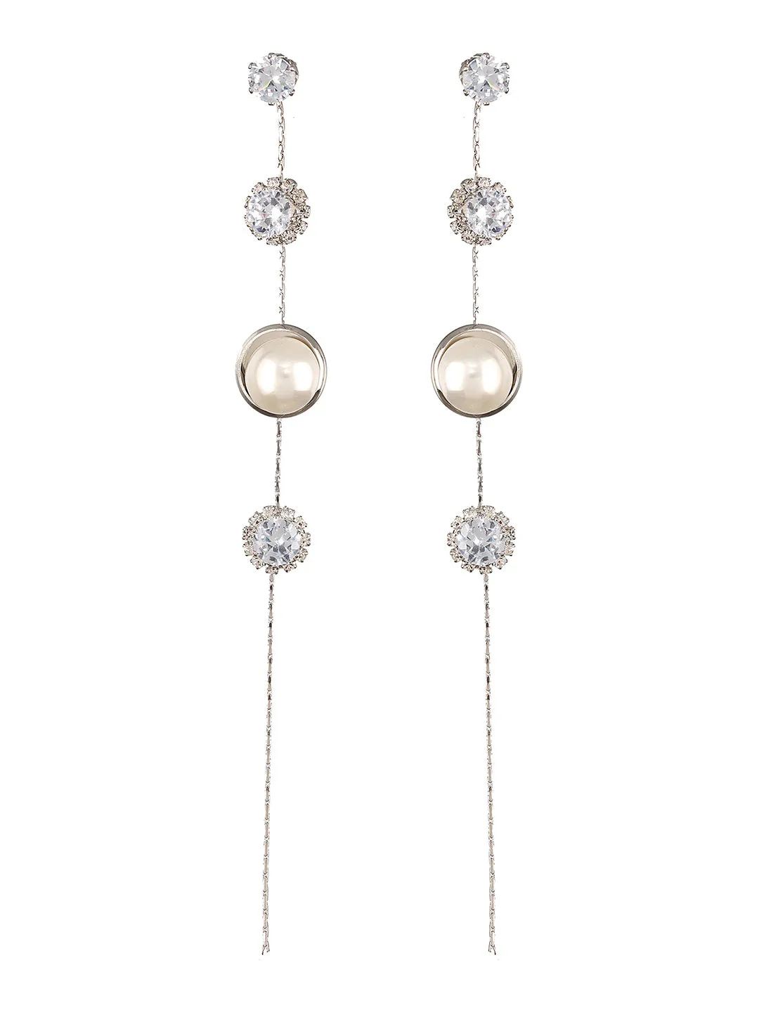 JAZZ AND SIZZLE Silver-Toned Rhodium-Plated CZ Stone-Studded &amp; Pearl Contemporary Drop Earrings