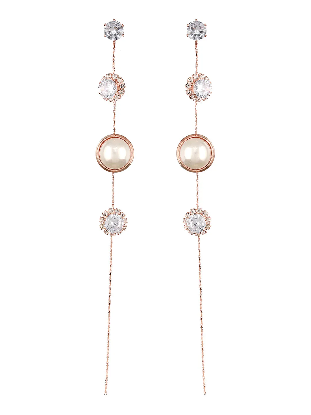 JAZZ AND SIZZLE Silver-Toned Rose gold-Plated CZ Stone-Studded &amp; Pearl Contemporary Drop Earrings