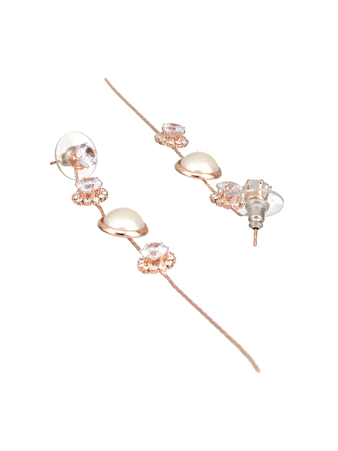 JAZZ AND SIZZLE Silver-Toned Rose gold-Plated CZ Stone-Studded &amp; Pearl Contemporary Drop Earrings