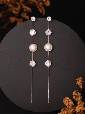 JAZZ AND SIZZLE Silver-Toned Rose gold-Plated CZ Stone-Studded &amp; Pearl Contemporary Drop Earrings