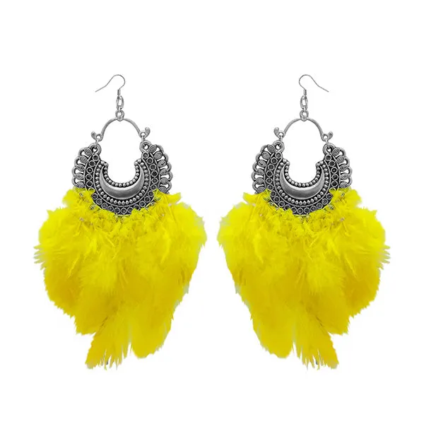 Jeweljunk Yellow Feather Rhodium Plated Afghani Earrings