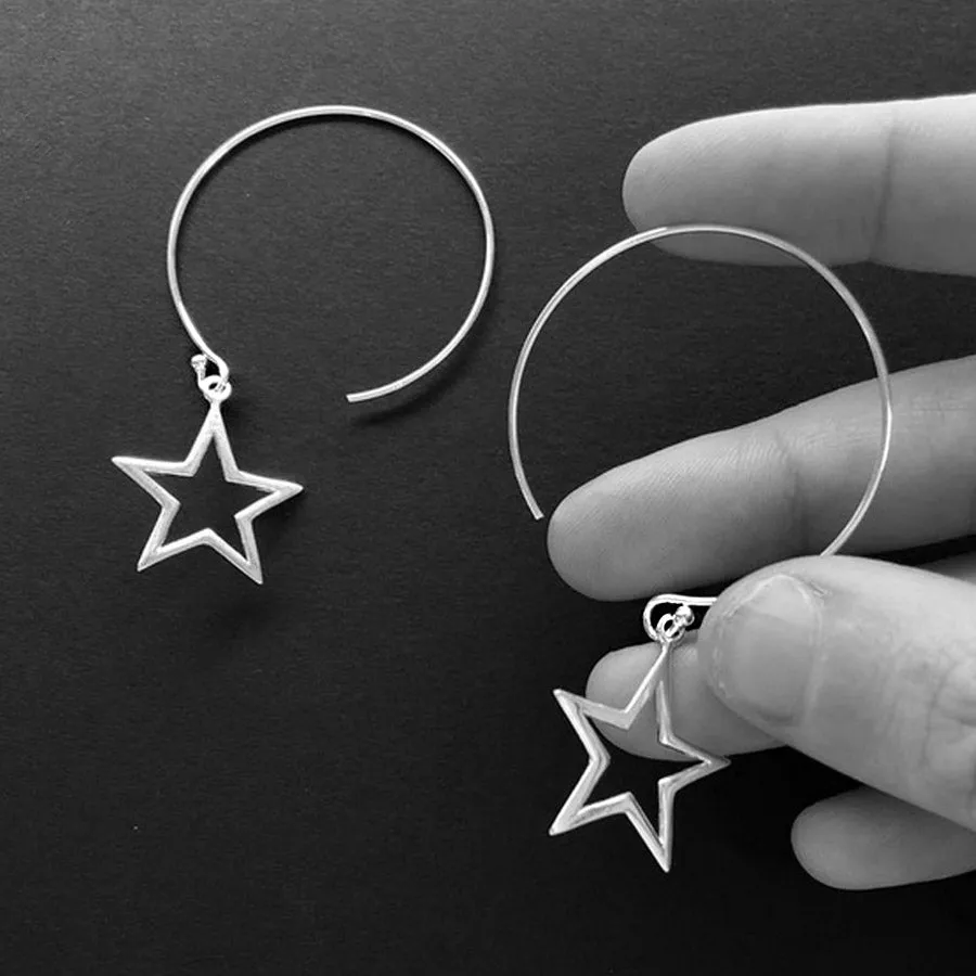 Large Star Hoop Earrings, 36mm Hoops, Sterling Silver Star Jewellery