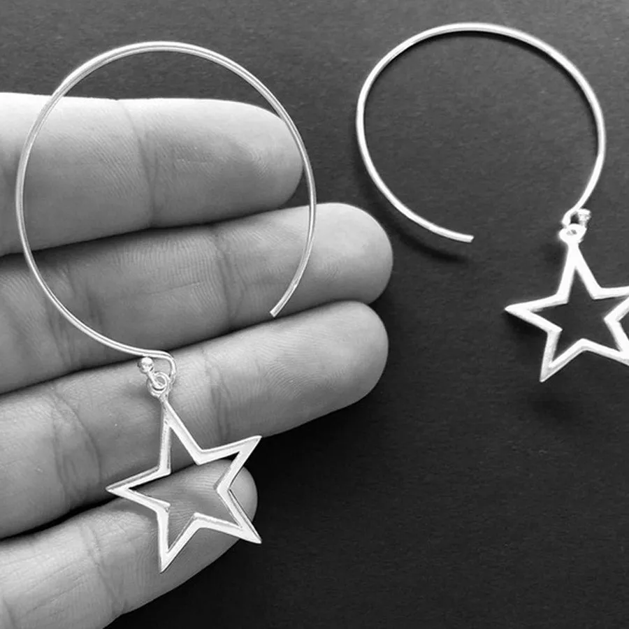 Large Star Hoop Earrings, 36mm Hoops, Sterling Silver Star Jewellery