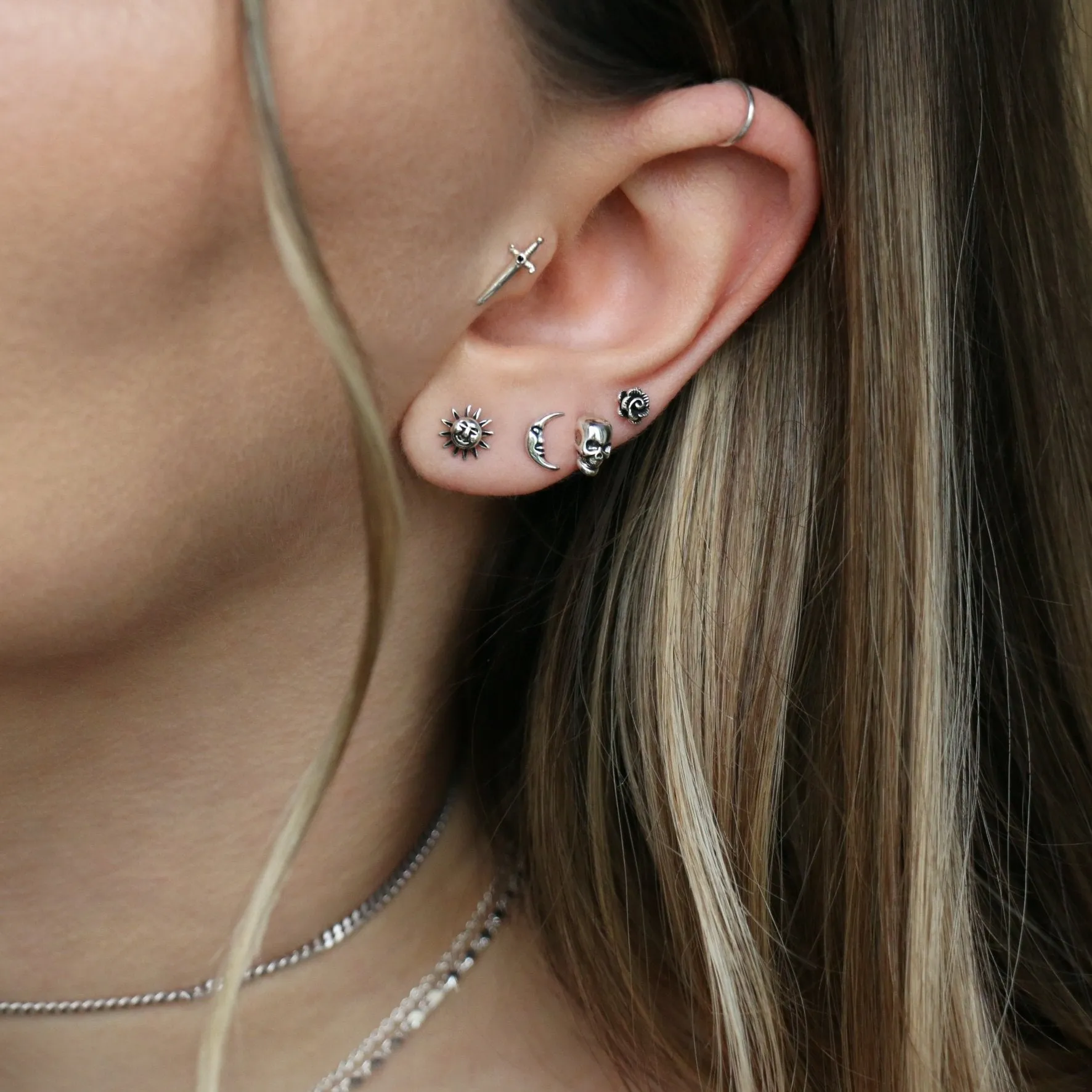 LIFE & DEATH. Tiny Sterling Silver Skull & Rose Studs